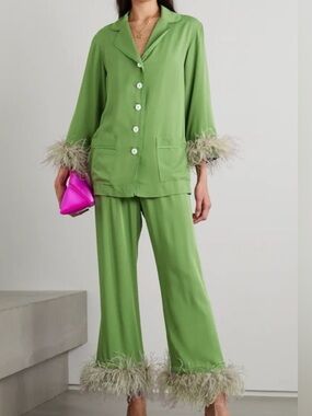 Sleeper Green Button-Front crepe de chine feather Top